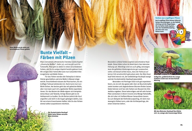 Auf dem Bild sehen sie das Kapitel "Bunte Vielfalt - Färben mit Pilzen" aus "Entdecke die Pilze"